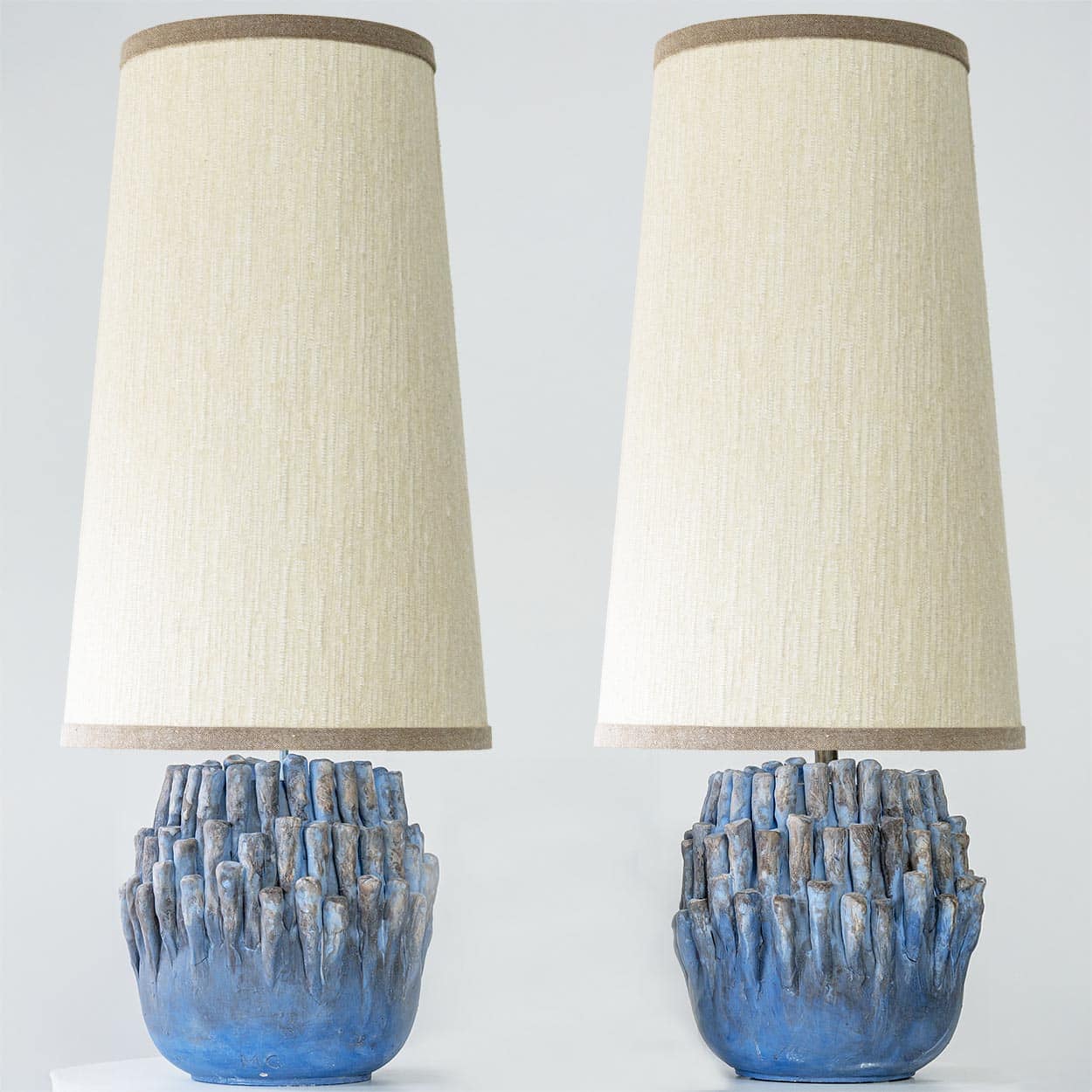 1 of the 2 Round Blue Coral Ceramic Lamp, Custom White Lampshade by R. Houben