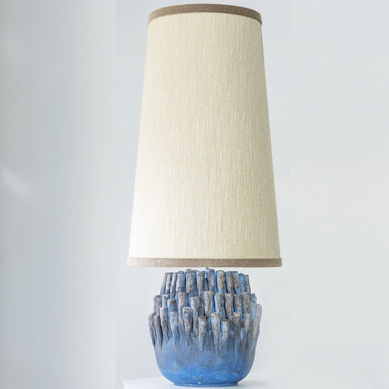 1 of the 2 Round Blue Coral Ceramic Lamp, Custom White Lampshade by R. Houben