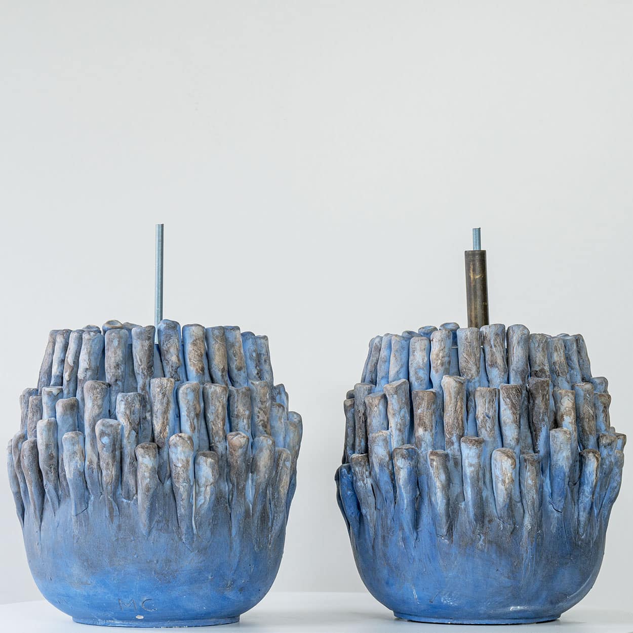 1 of the 2 Round Blue Coral Ceramic Lamp, Custom White Lampshade by R. Houben