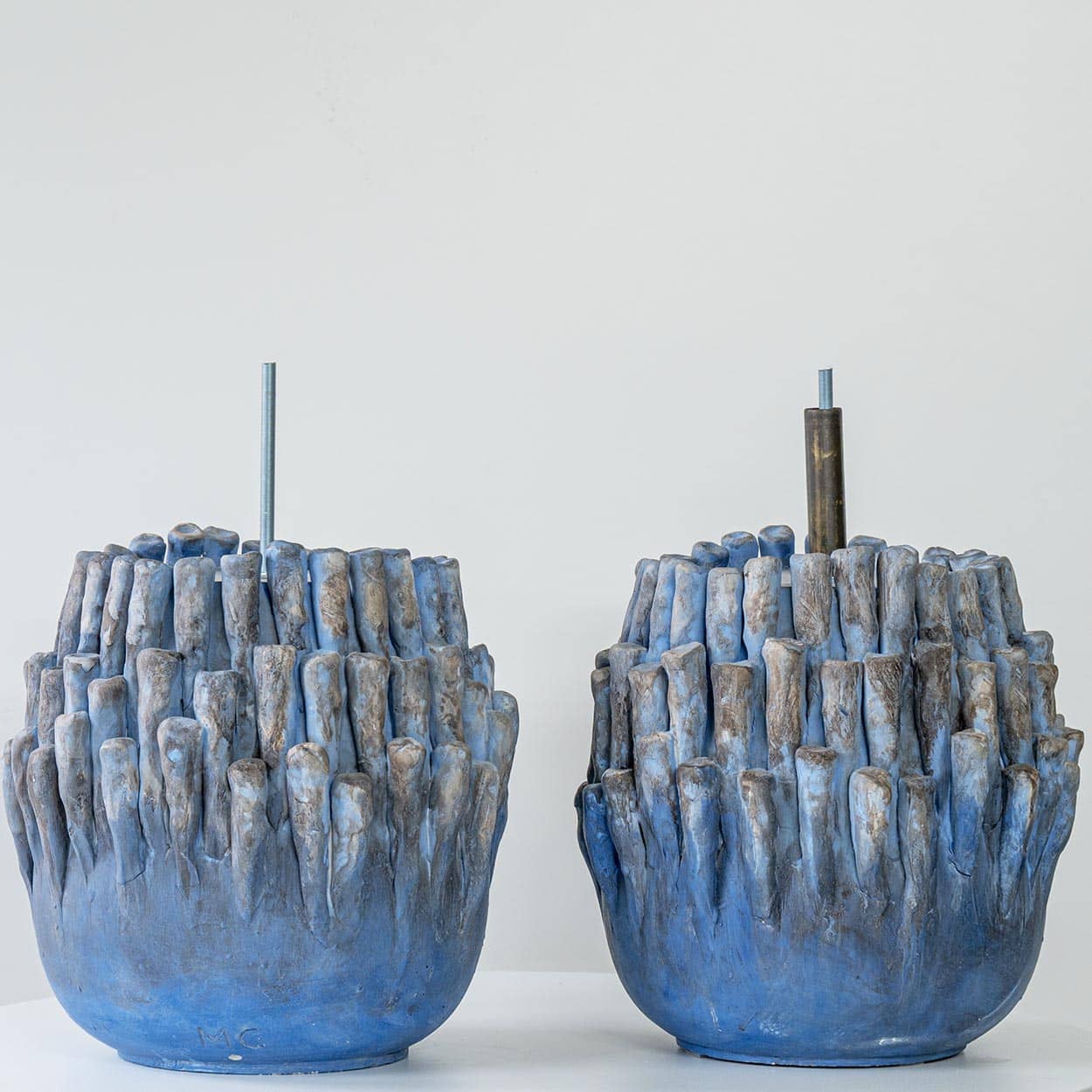 1 of the 2 Round Blue Coral Ceramic Lamp, Custom White Lampshade by R. Houben