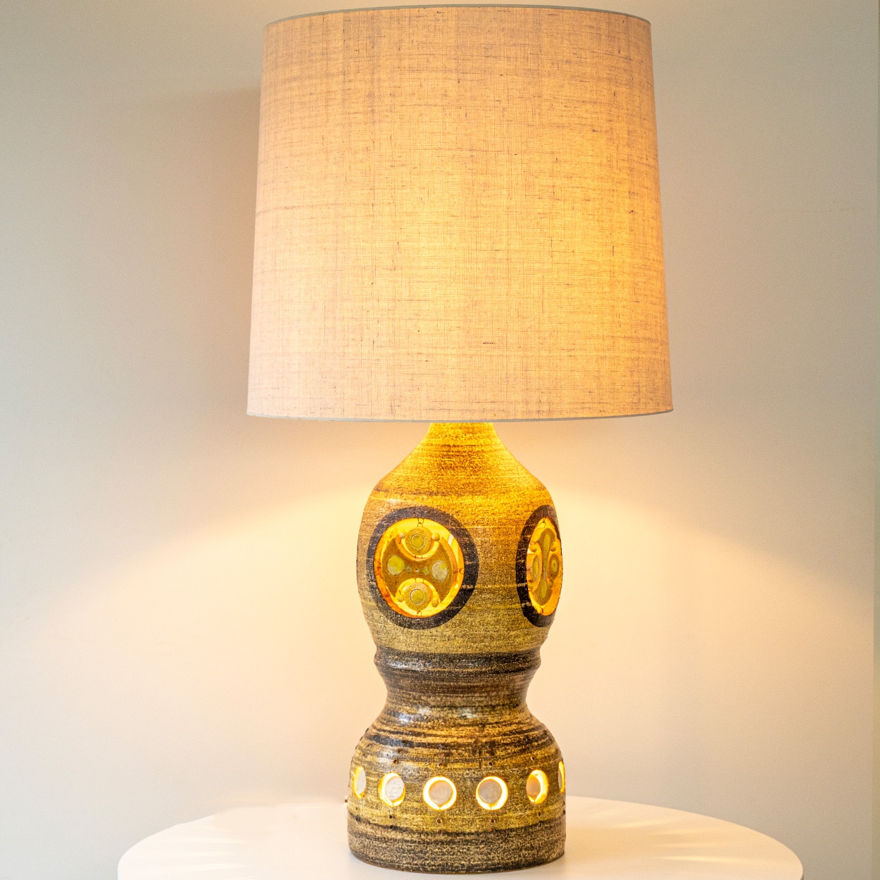 Set of 3 Georges Pelletier Ceramic Lamps, Custom Made Silk Shades by R. Houben