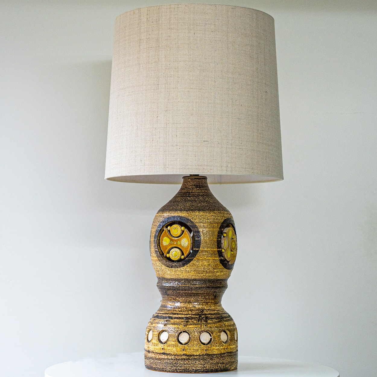 Set of 3 Georges Pelletier Ceramic Lamps, Custom Made Silk Shades by R. Houben