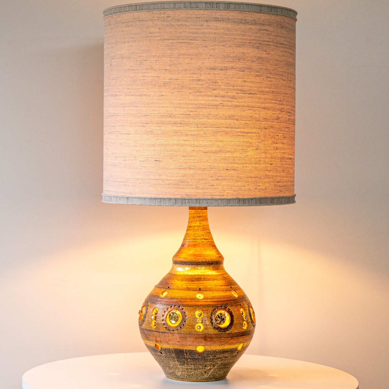 G. Pelletier Brown Gold Copper Ceramic Lamp, Silk Custom Lampshade by Houben