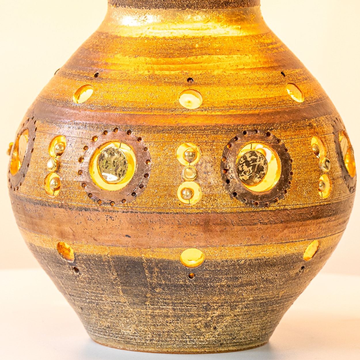 G. Pelletier Brown Gold Copper Ceramic Lamp, Silk Custom Lampshade by Houben