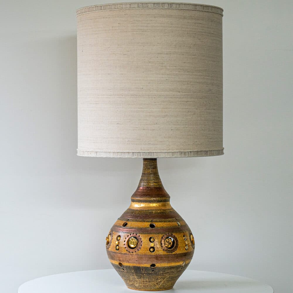 G. Pelletier Brown Gold Copper Ceramic Lamp, Silk Custom Lampshade by Houben