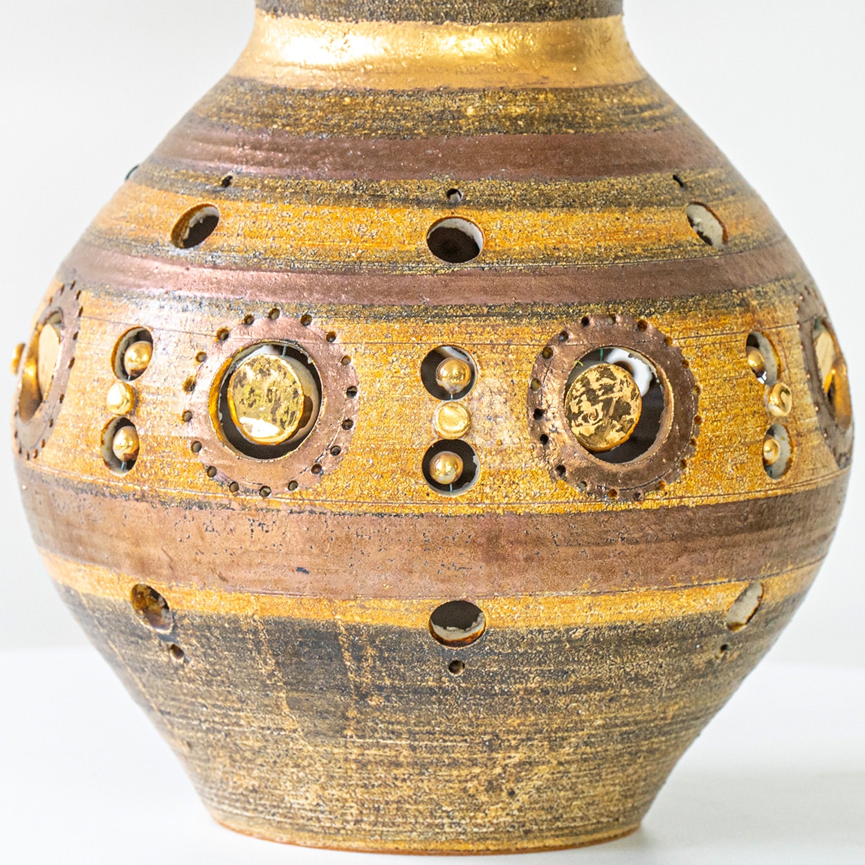 G. Pelletier Brown Gold Copper Ceramic Lamp, Silk Custom Lampshade by Houben