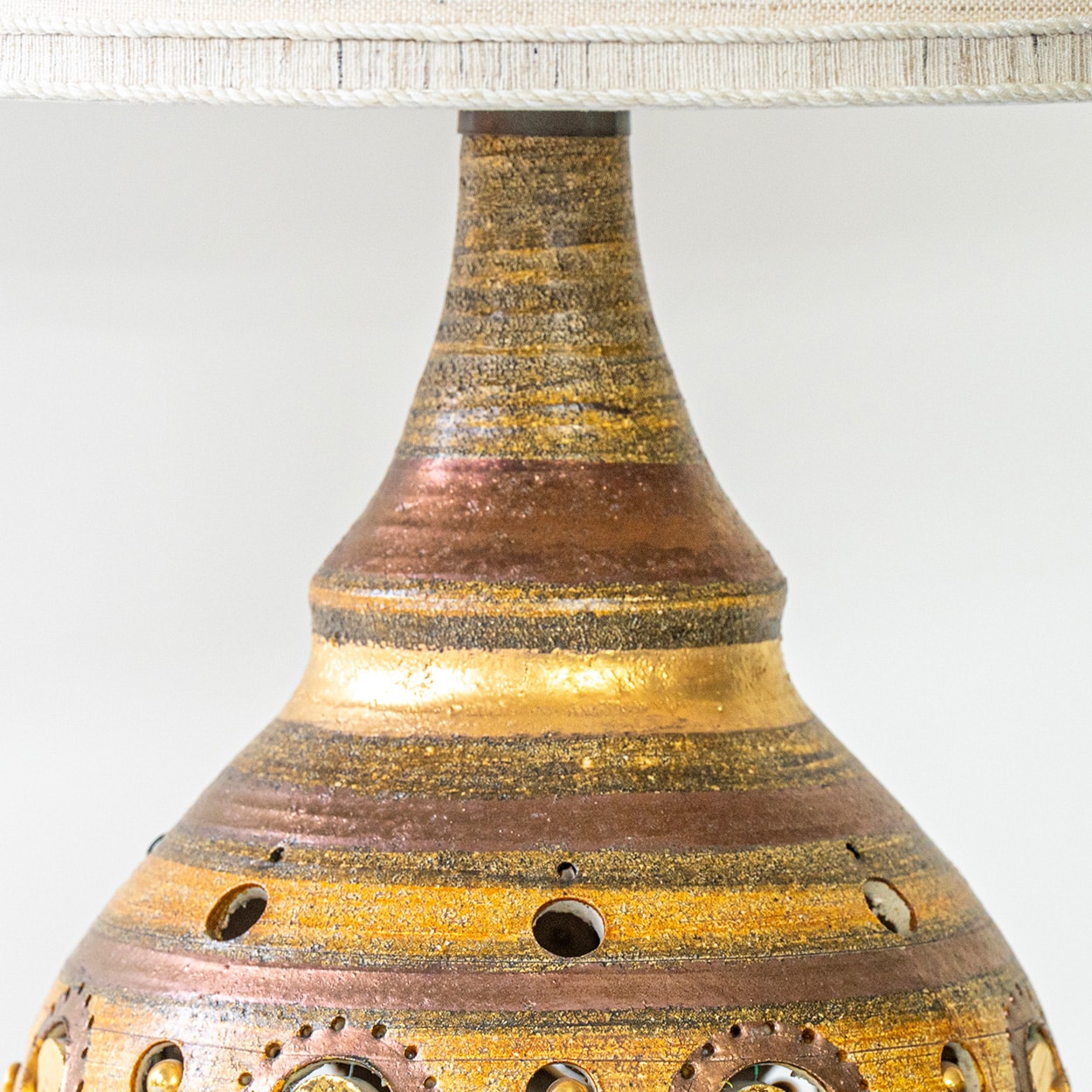 G. Pelletier Brown Gold Copper Ceramic Lamp, Silk Custom Lampshade by Houben