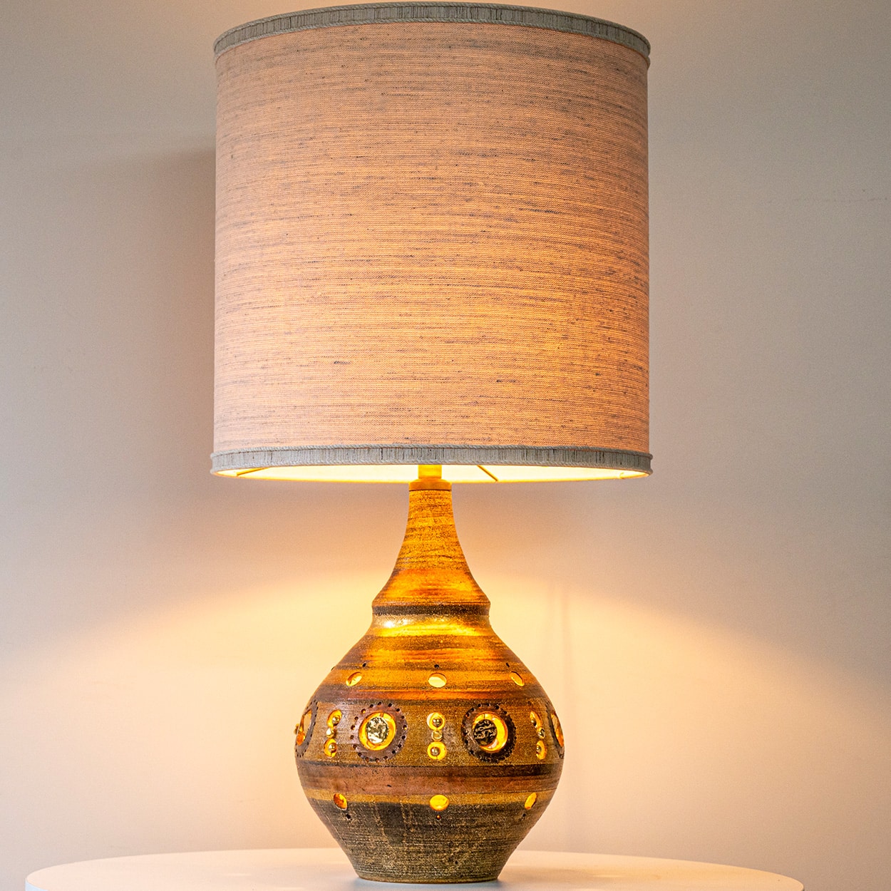 G. Pelletier Brown Gold Copper Ceramic Lamp, Silk Custom Lampshade by Houben