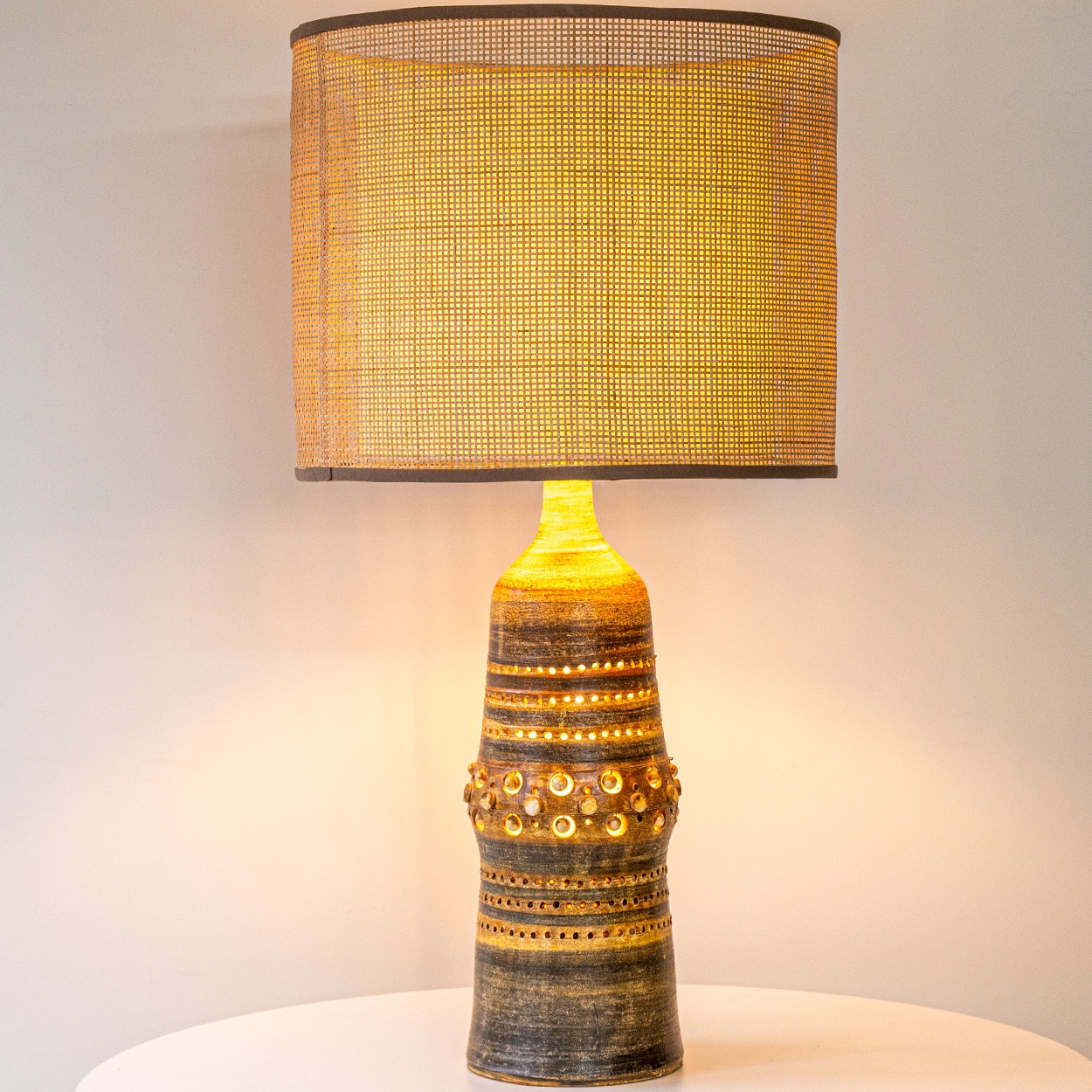 Set of 3 Georges Pelletier Ceramic Lamps, Custom Silk Shades by R. Houben