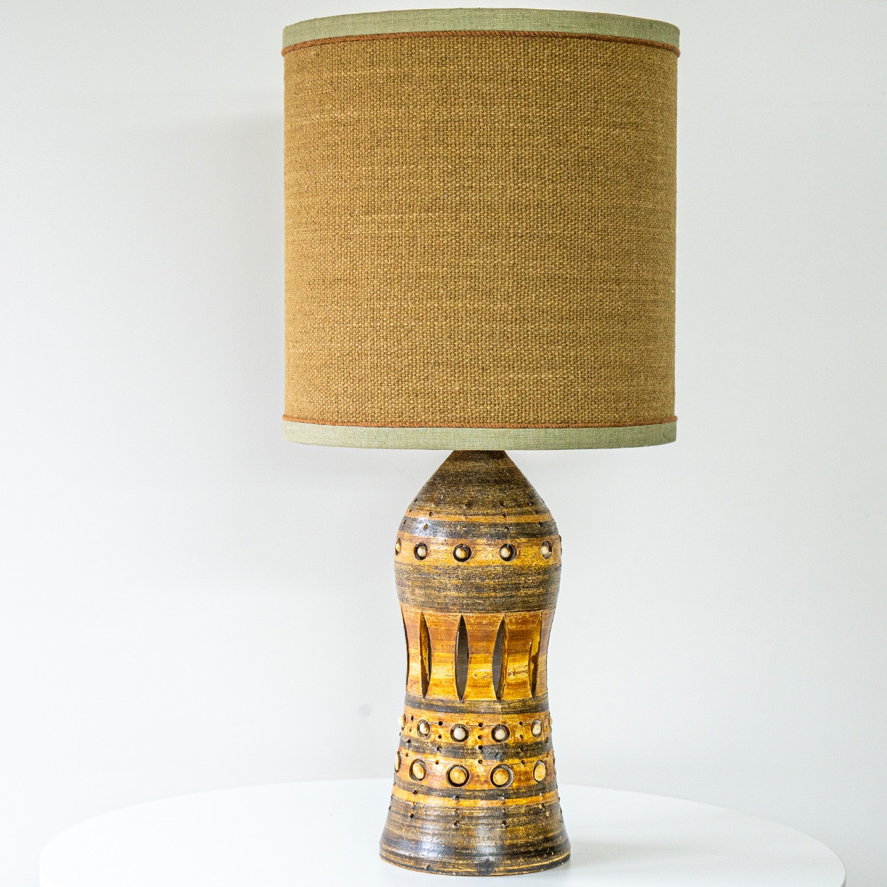 Set of 3 Georges Pelletier Ceramic Lamps, Custom Silk Shades by R. Houben