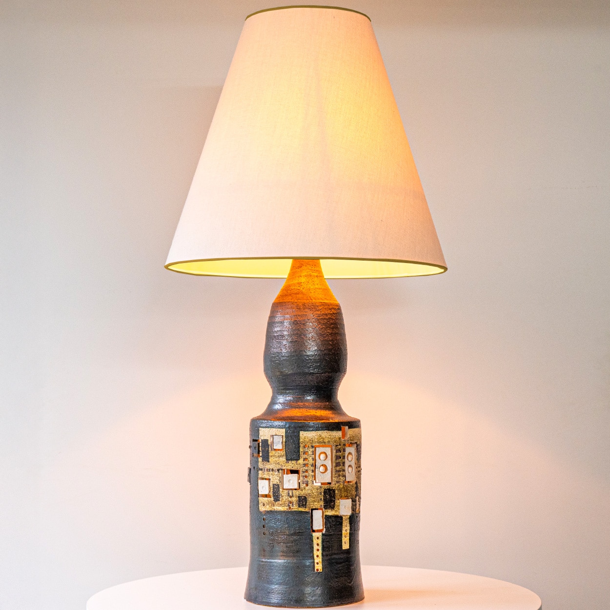 Georges Pelletier Baluster Dark Ceramic Lamp, Custom Silk Lampshade by R. Houben