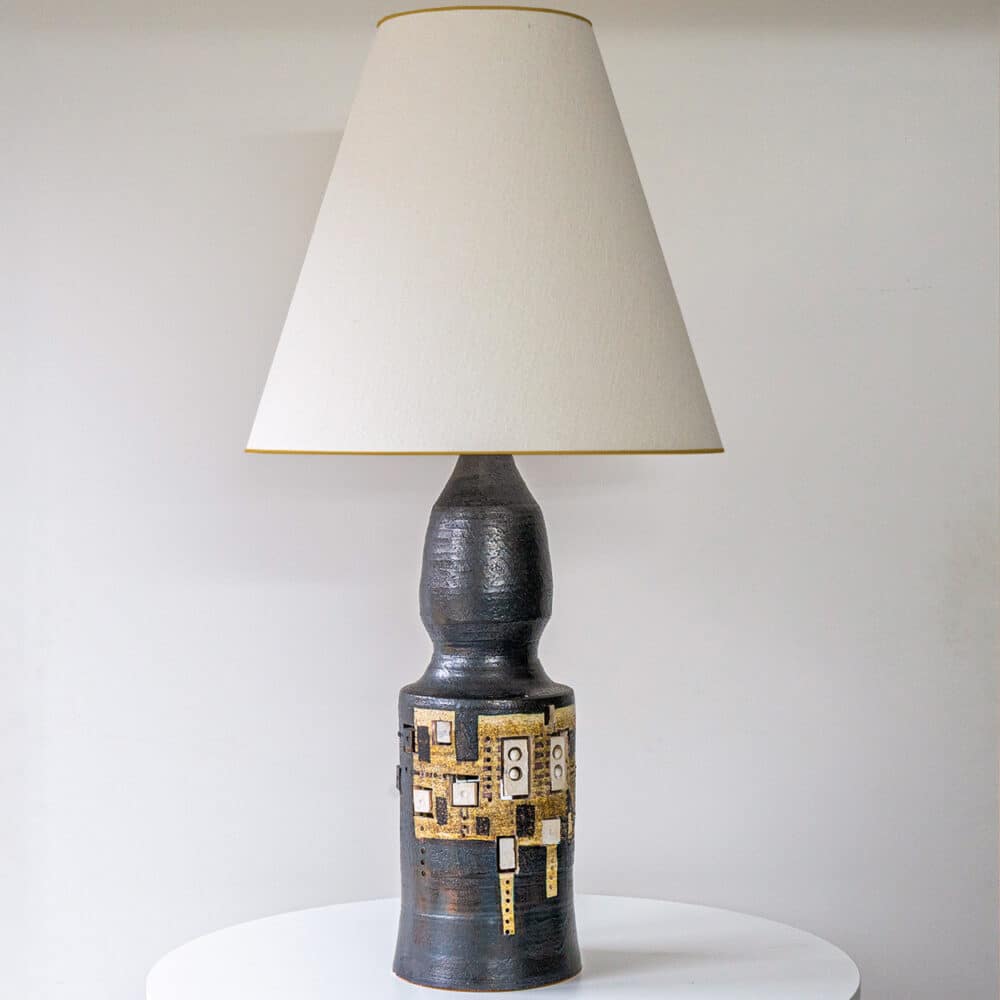 Georges Pelletier Baluster Dark Ceramic Lamp, Custom Silk Lampshade by R. Houben