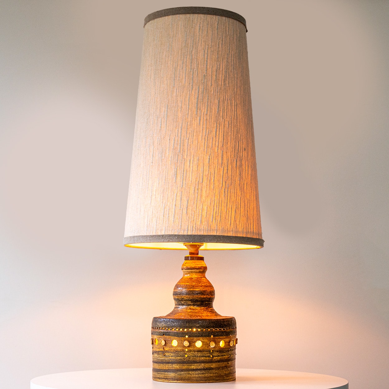 Georges Pelletier Cylindric Brown Ceramic Lamp, Custom Silk Shade by R. Houben