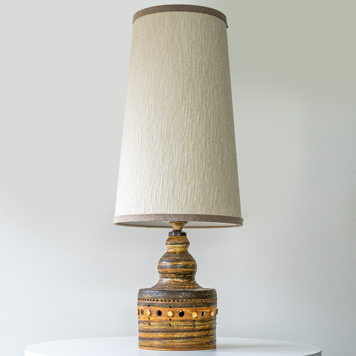 Georges Pelletier Cylindric Brown Ceramic Lamp, Custom Silk Shade by R. Houben