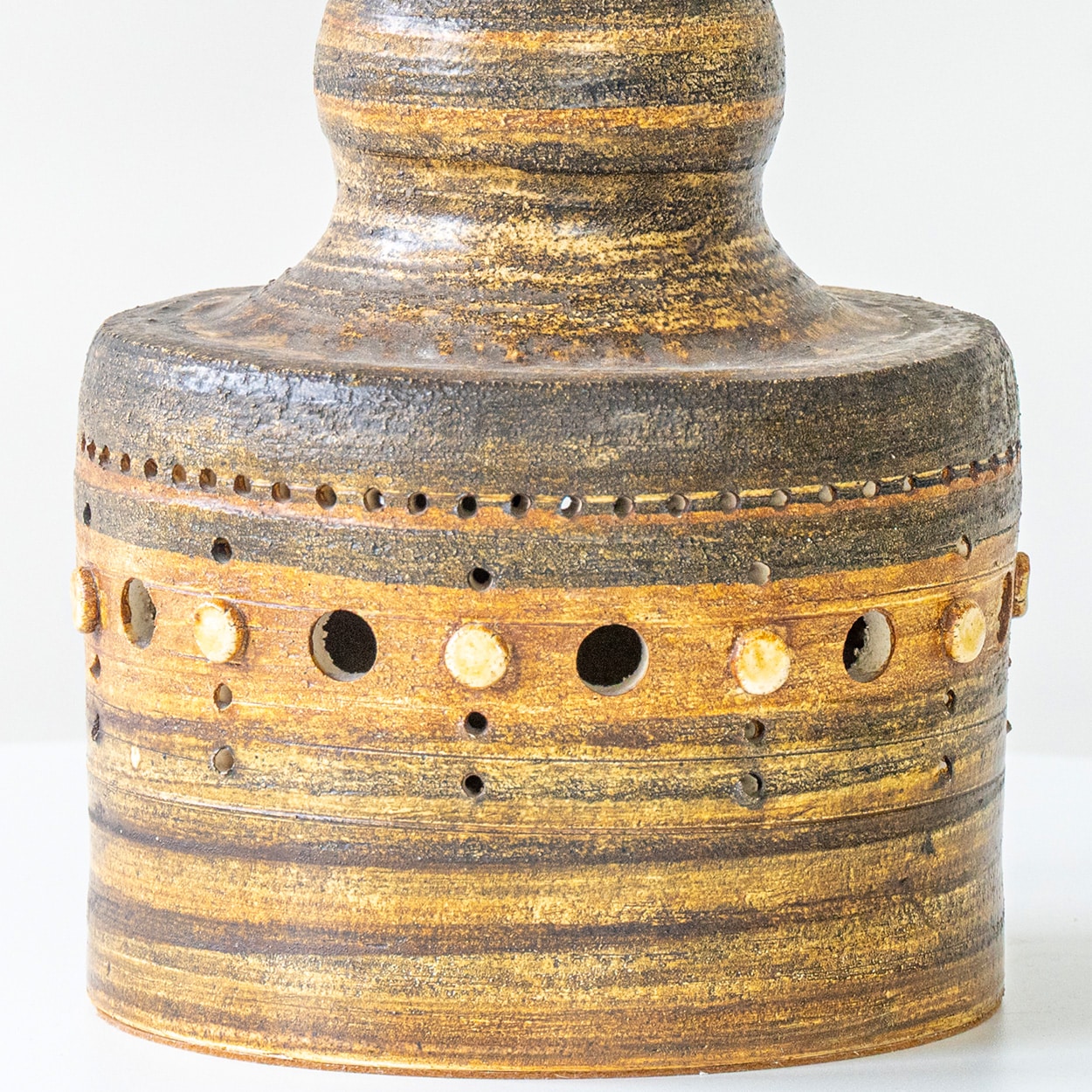 Georges Pelletier Cylindric Brown Ceramic Lamp, Custom Silk Shade by R. Houben