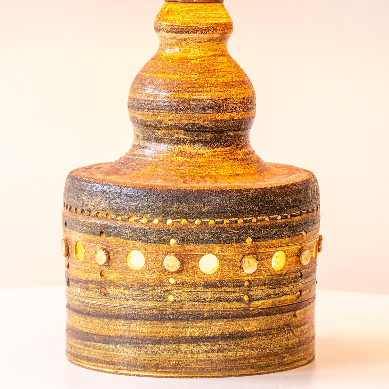 Georges Pelletier Cylindric Brown Ceramic Lamp, Custom Silk Shade by R. Houben