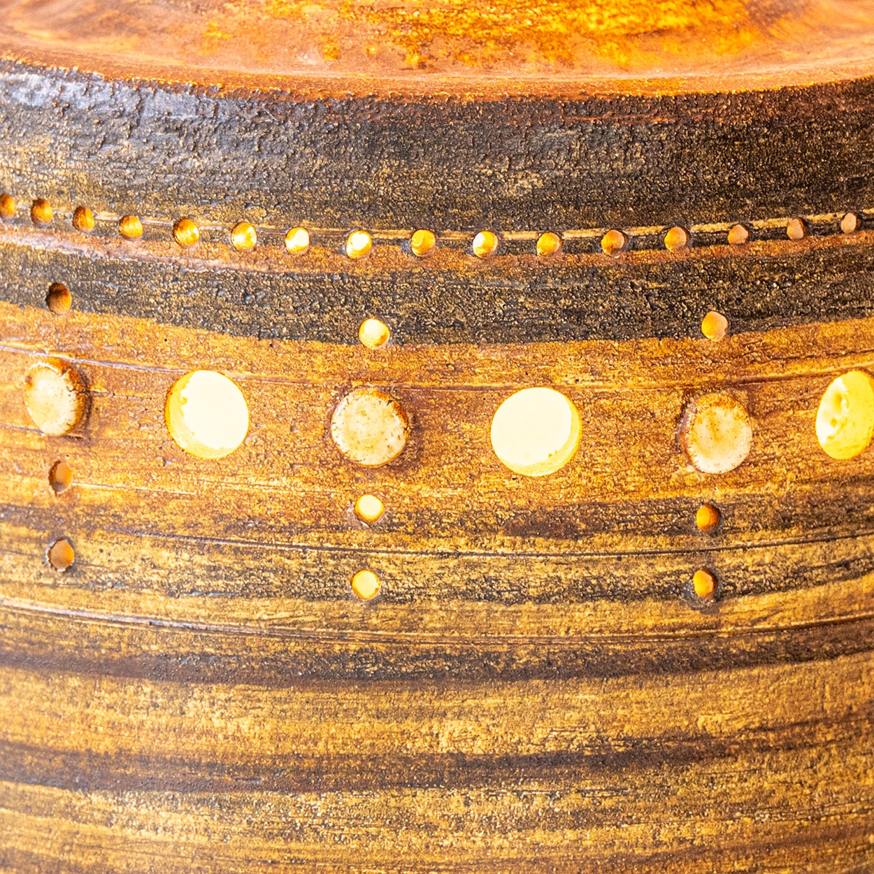 Georges Pelletier Cylindric Brown Ceramic Lamp, Custom Silk Shade by R. Houben