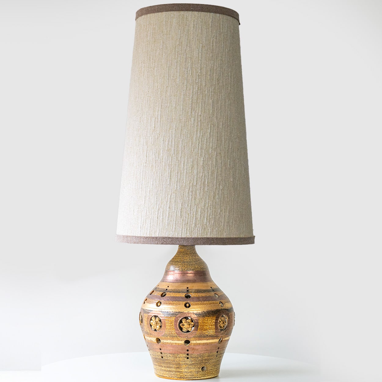 Georges Pelletier Bulbous Brown Ceramic Lamp, Custom Silk Shade by R. Houben