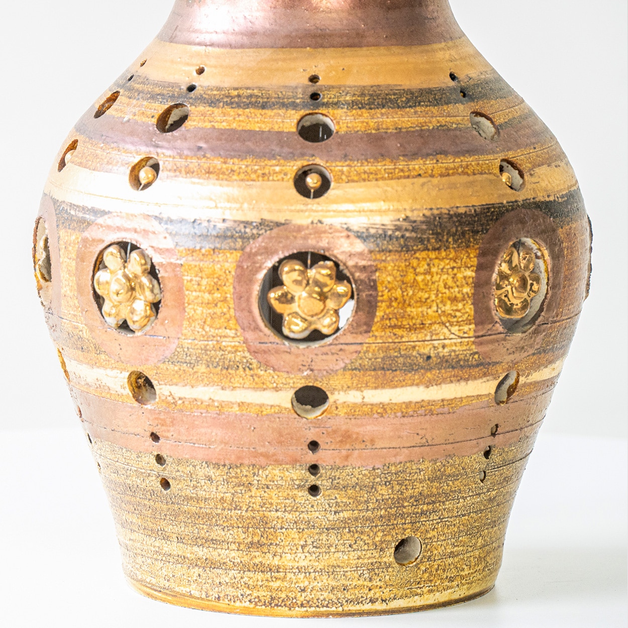 Georges Pelletier Bulbous Brown Ceramic Lamp, Custom Silk Shade by R. Houben