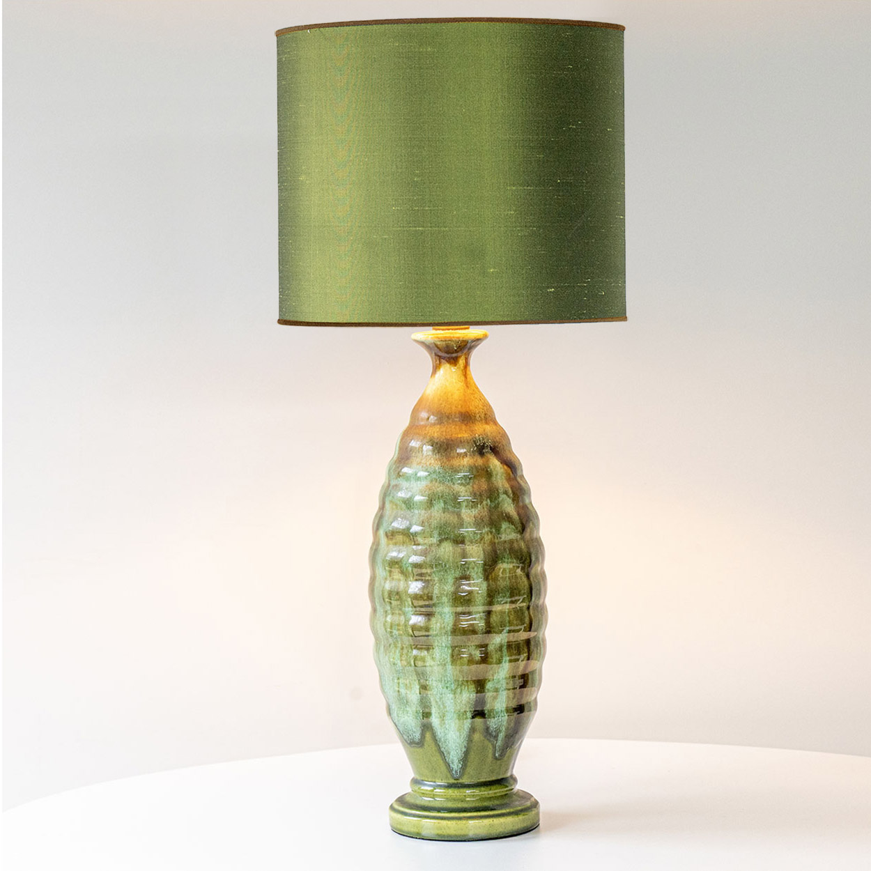 Green Ceramic Curved Lamp, Custom Made Green Brown Lampshade by R. Houben