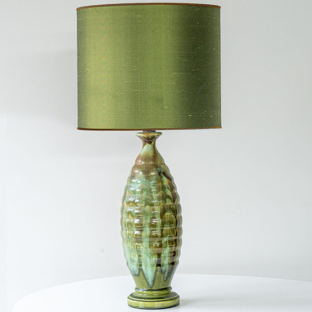 Green Ceramic Curved Lamp, Custom Made Green Brown Lampshade by R. Houben