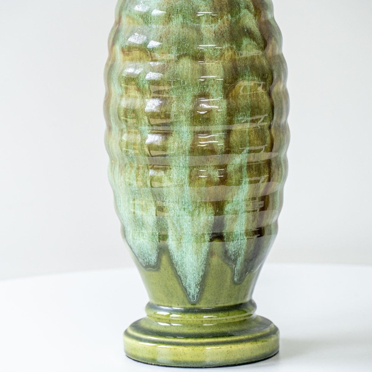 Green Ceramic Curved Lamp, Custom Made Green Brown Lampshade by R. Houben