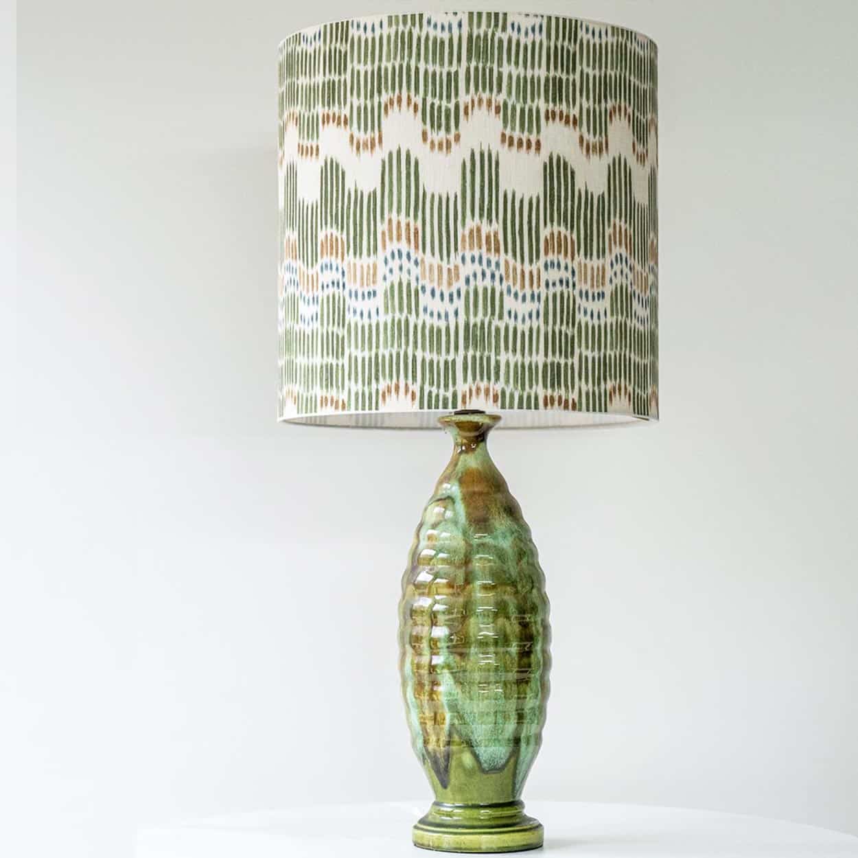 Green Ceramic Curved Lamp, Custom Made Green Orange White Lampshade by R. Houben