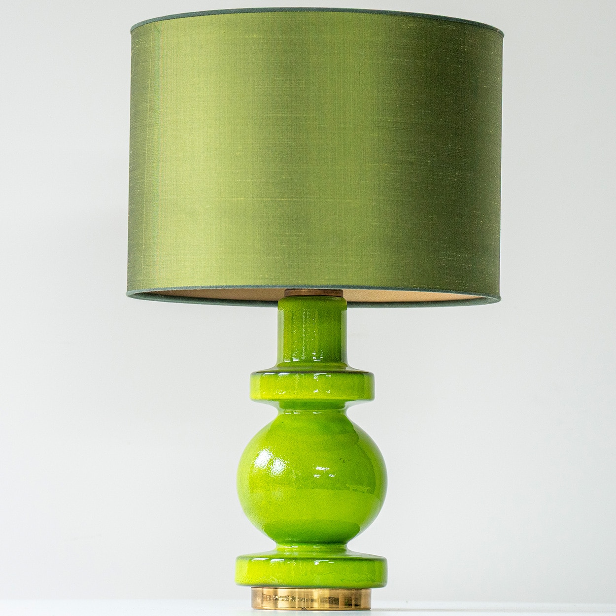 Green Ceramic Curved Lamp, Custom Made Shimmering Green Lampshade by R. Houben