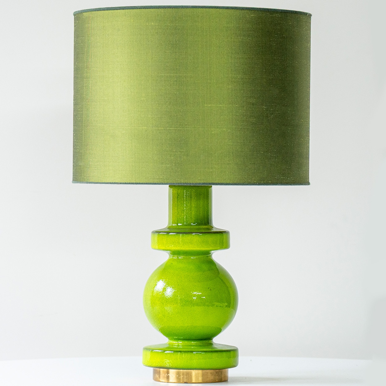 Green Ceramic Curved Lamp, Custom Made Shimmering Green Lampshade by R. Houben