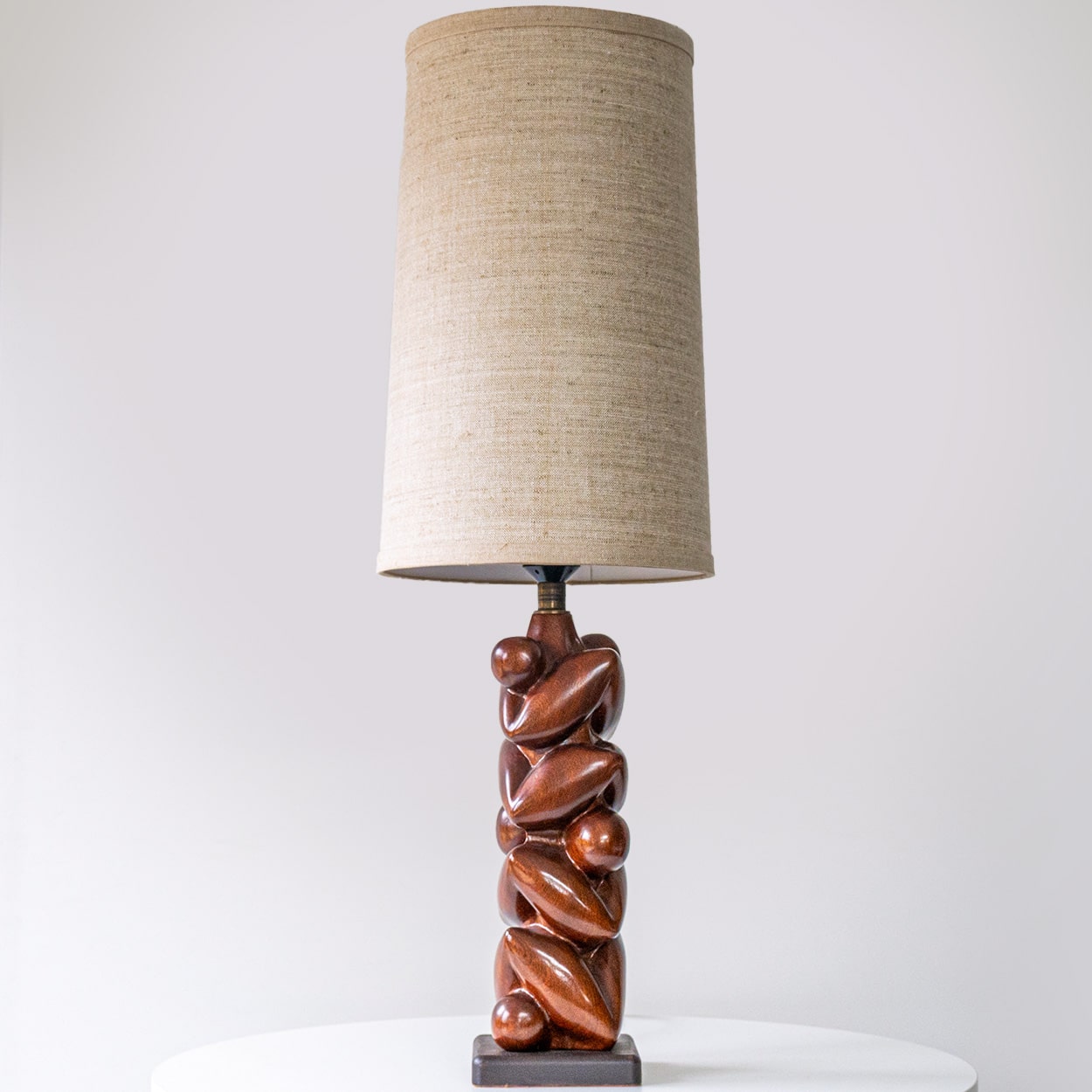 Danish Sculptural Wooden Floor Table Lamp, Custom Made Lampshade by R. Houben