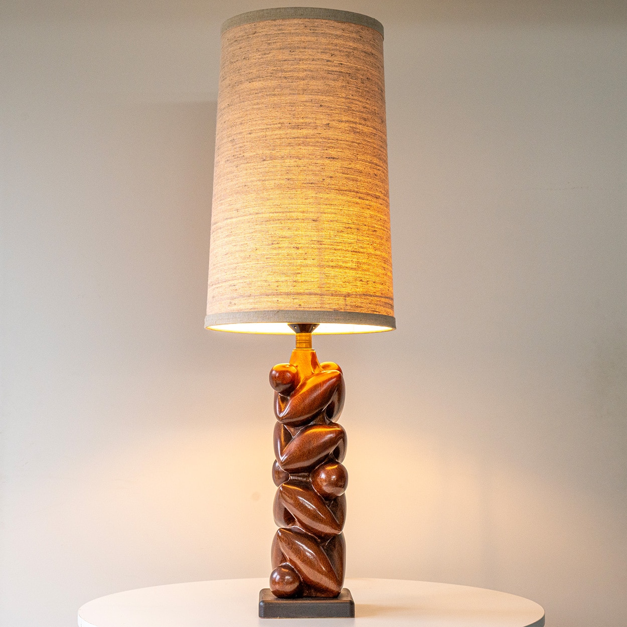 Danish Sculptural Wooden Floor Table Lamp, Custom Made Lampshade by R. Houben
