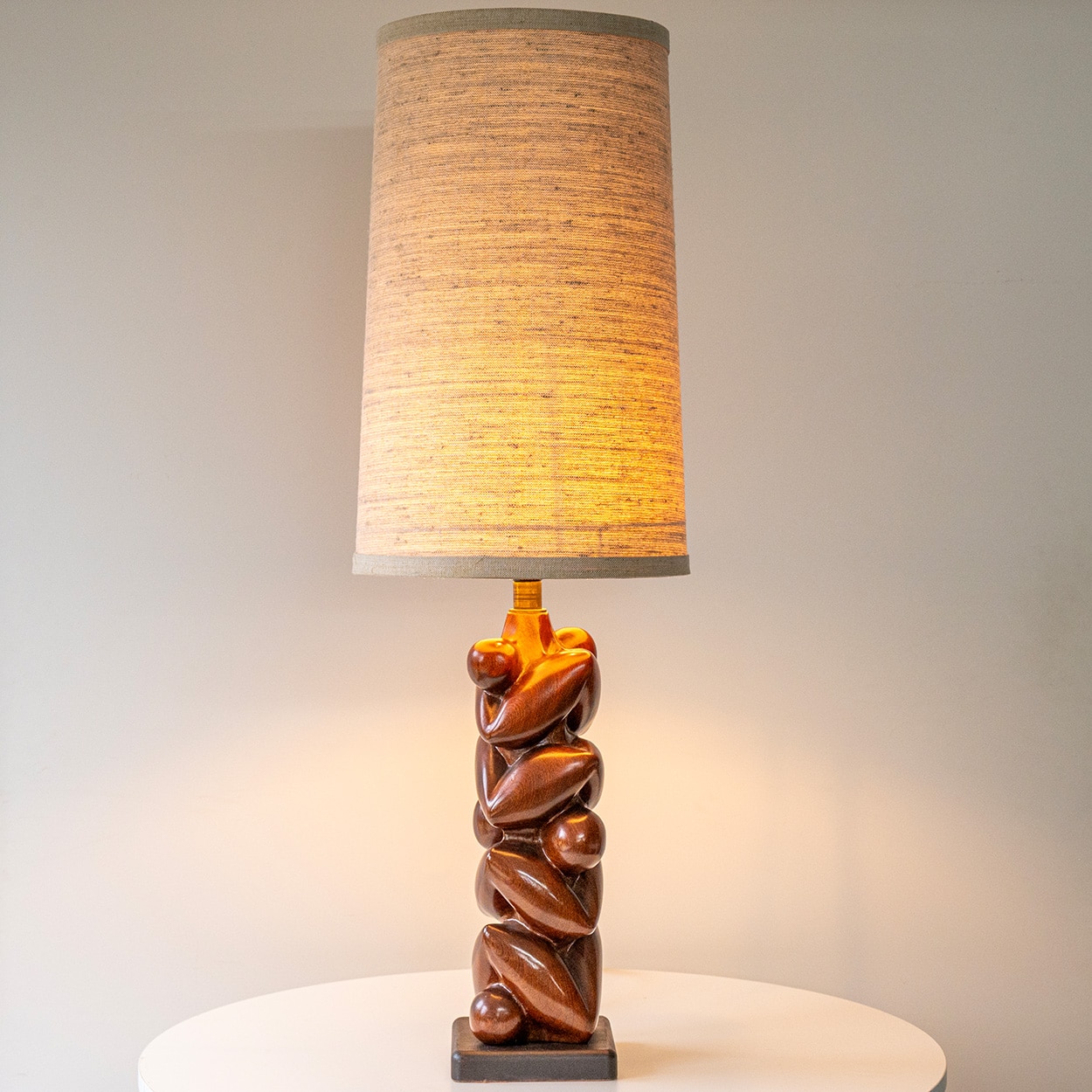 Danish Sculptural Wooden Floor Table Lamp, Custom Made Lampshade by R. Houben