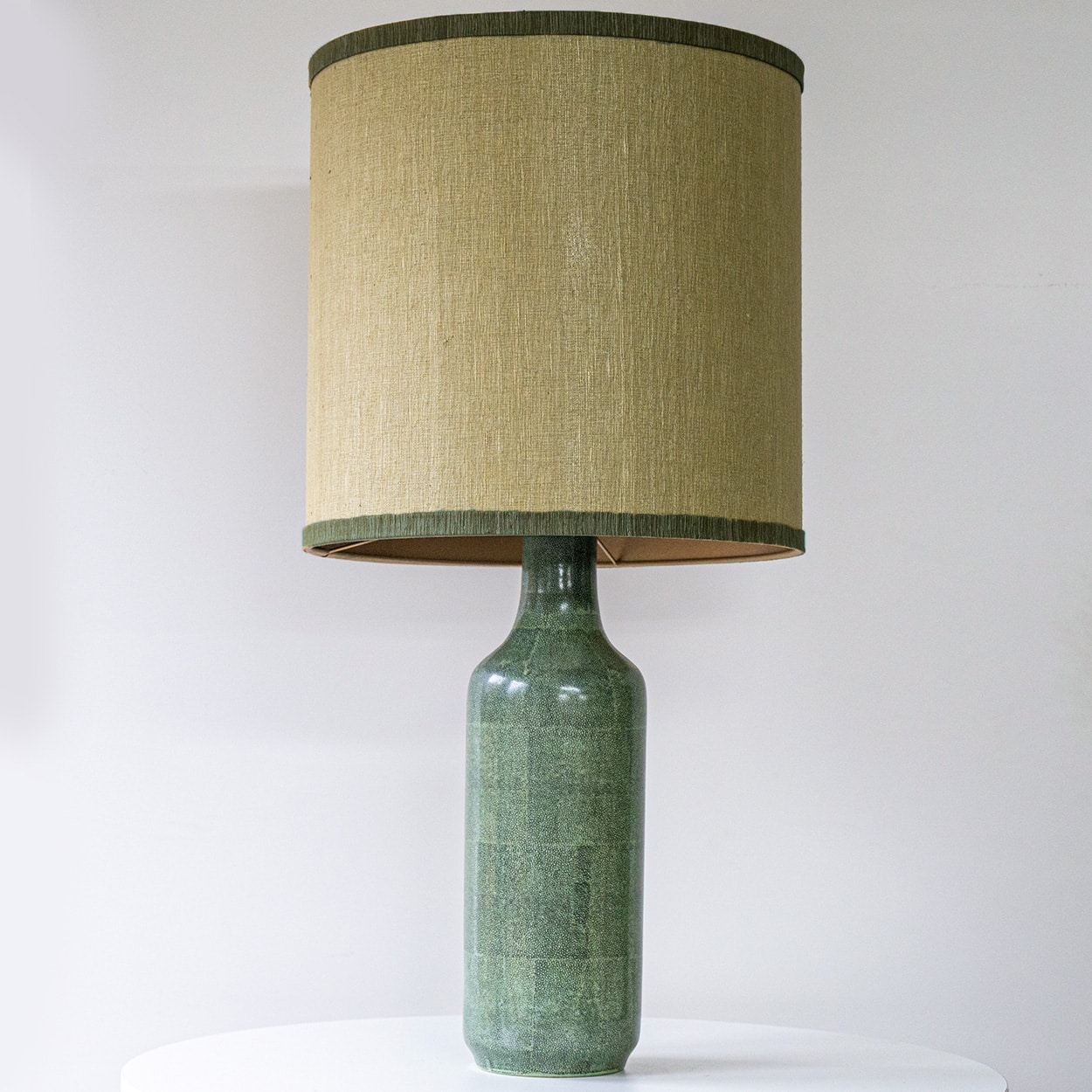 Green Speckled Glazed Ceramic Lamp, Custom Made Brown Lampshade by R. Houben