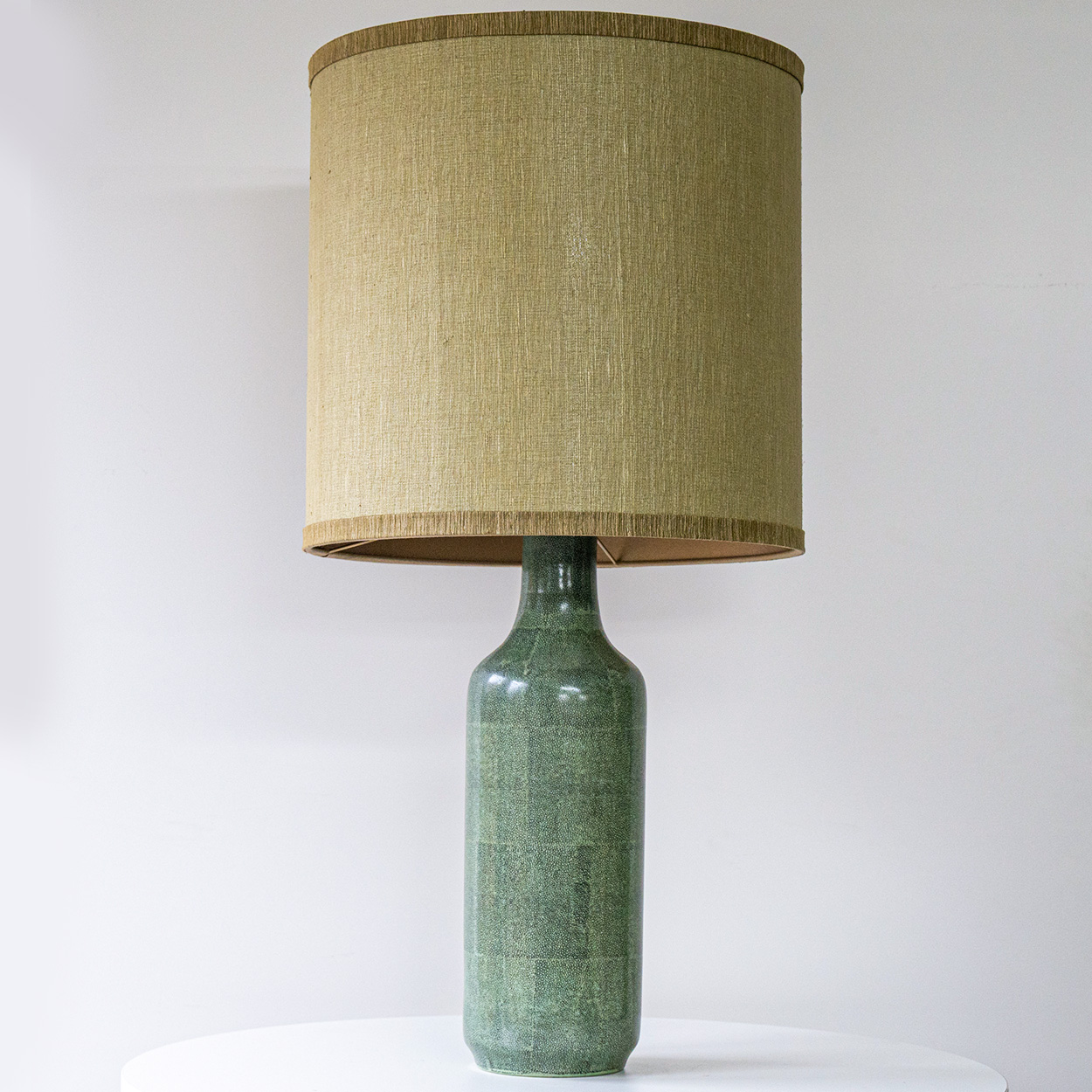 Green Speckled Glazed Ceramic Lamp, Custom Made Brown Lampshade by R. Houben