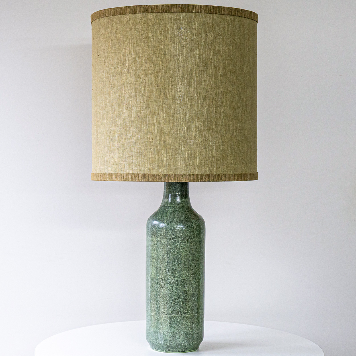 Green Speckled Glazed Ceramic Lamp, Custom Made Brown Lampshade by R. Houben