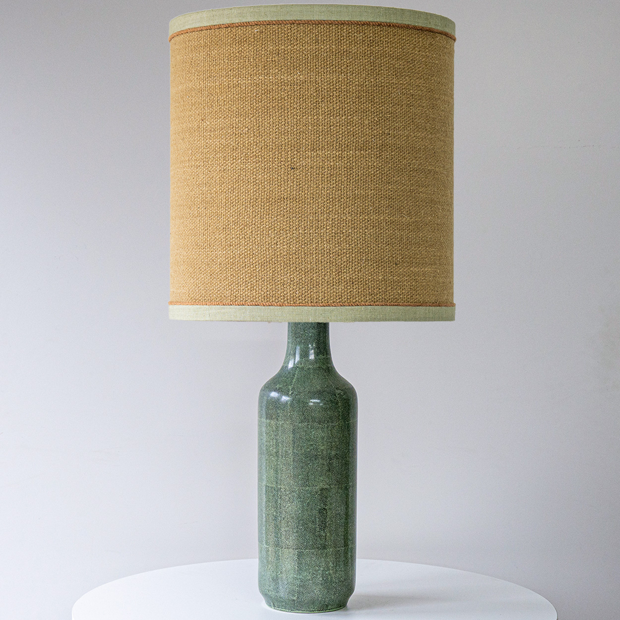 Green Speckled Glazed Ceramic Lamp, Custom Made Brown Lampshade by R. Houben