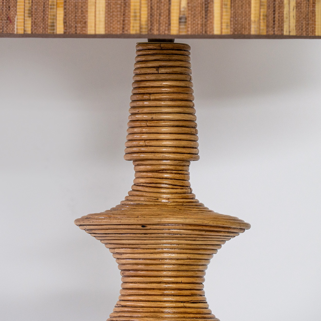 1 of the 2 Stacked Rattan Totem Taper Lamp, Custom Made Lampshade by R. Houben