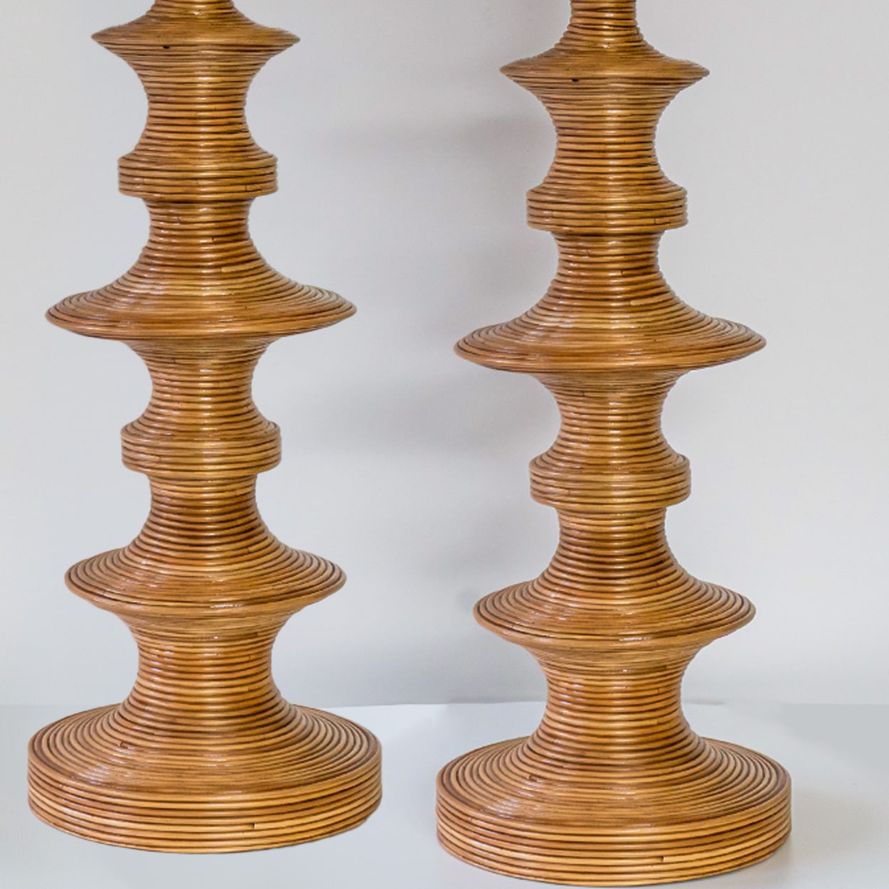 1 of the 2 Stacked Rattan Totem Taper Lamp, Custom Rattan Lampshade by R. Houben