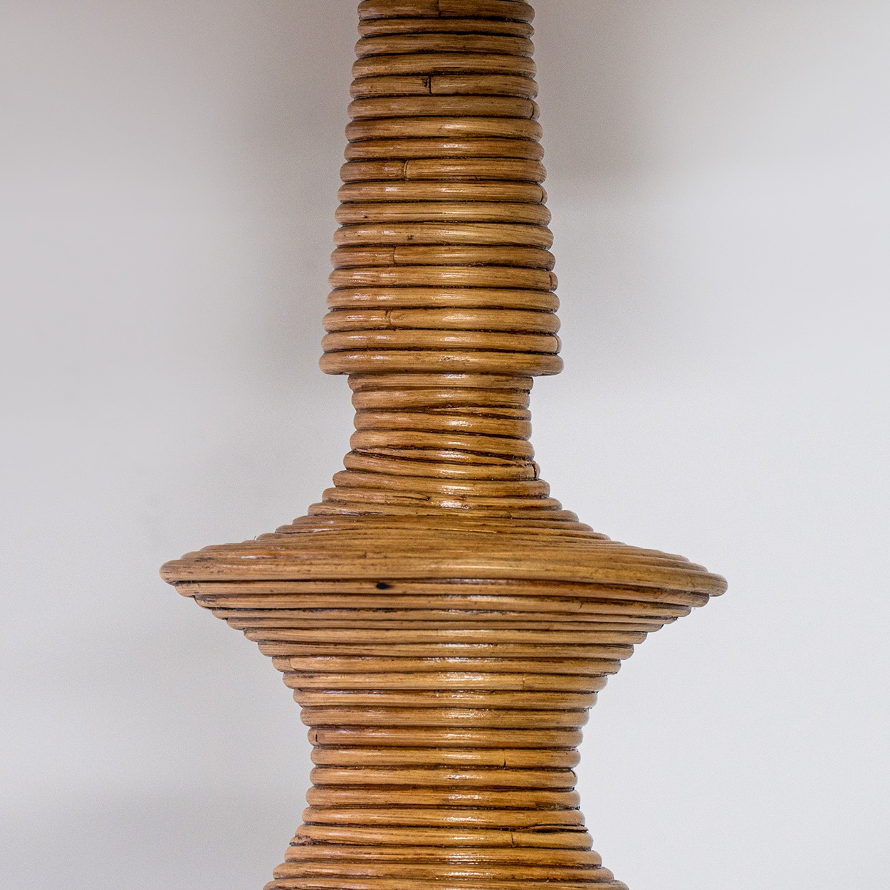 1 of the 2 Stacked Rattan Totem Taper Lamp, Custom Rattan Lampshade by R. Houben