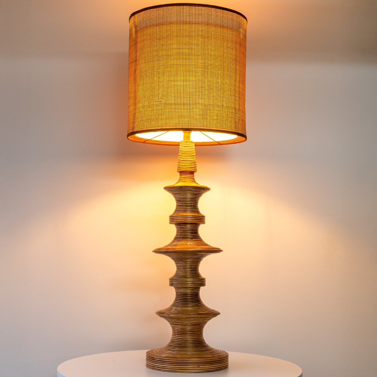 1 of the 2 Stacked Rattan Totem Taper Lamp, Custom Rattan Lampshade by R. Houben