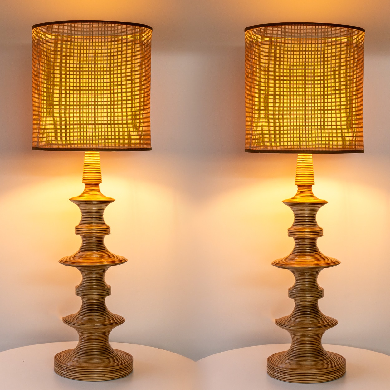 1 of the 2 Stacked Rattan Totem Taper Lamp, Custom Rattan Lampshade by R. Houben