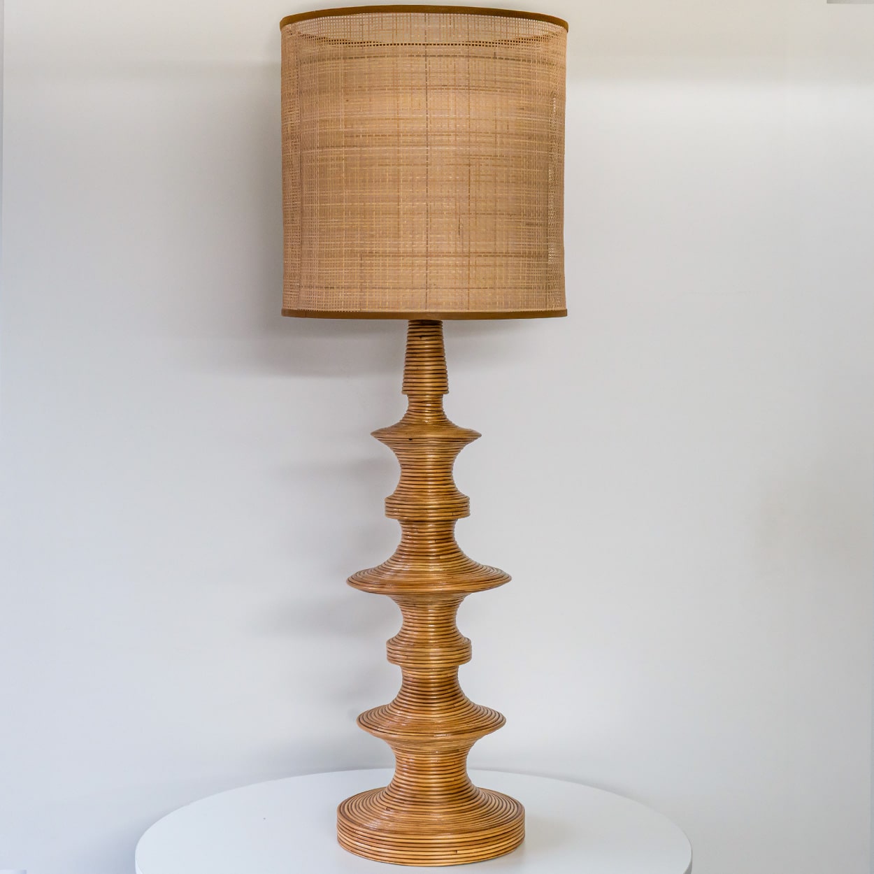 1 of the 2 Stacked Rattan Totem Taper Lamp, Custom Rattan Lampshade by R. Houben