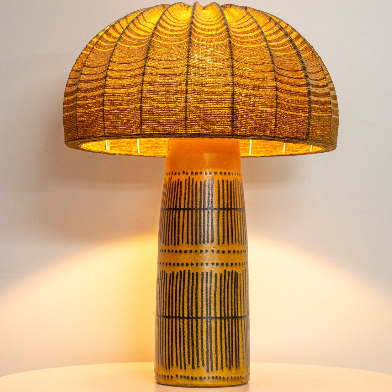 Göran Andersson Yellow Brown Ceramic Lamp, Custom Lampshade by R. Houben