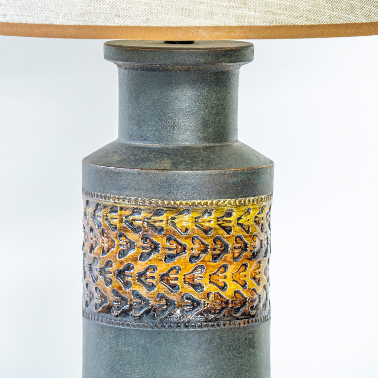 1 of the 2 Bitossi Ceramic Lamps, Rattan and Silk Lampshade by R. Houben