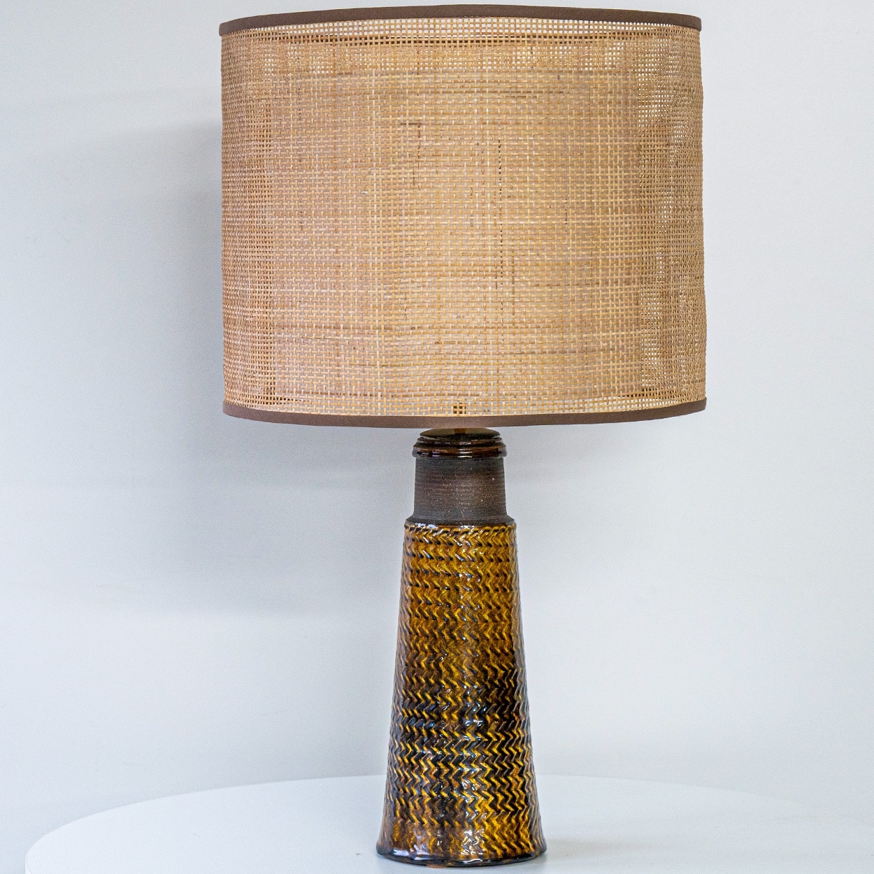 1 of the 2 Bitossi Ceramic Lamps, Rattan and Silk Lampshade by R. Houben