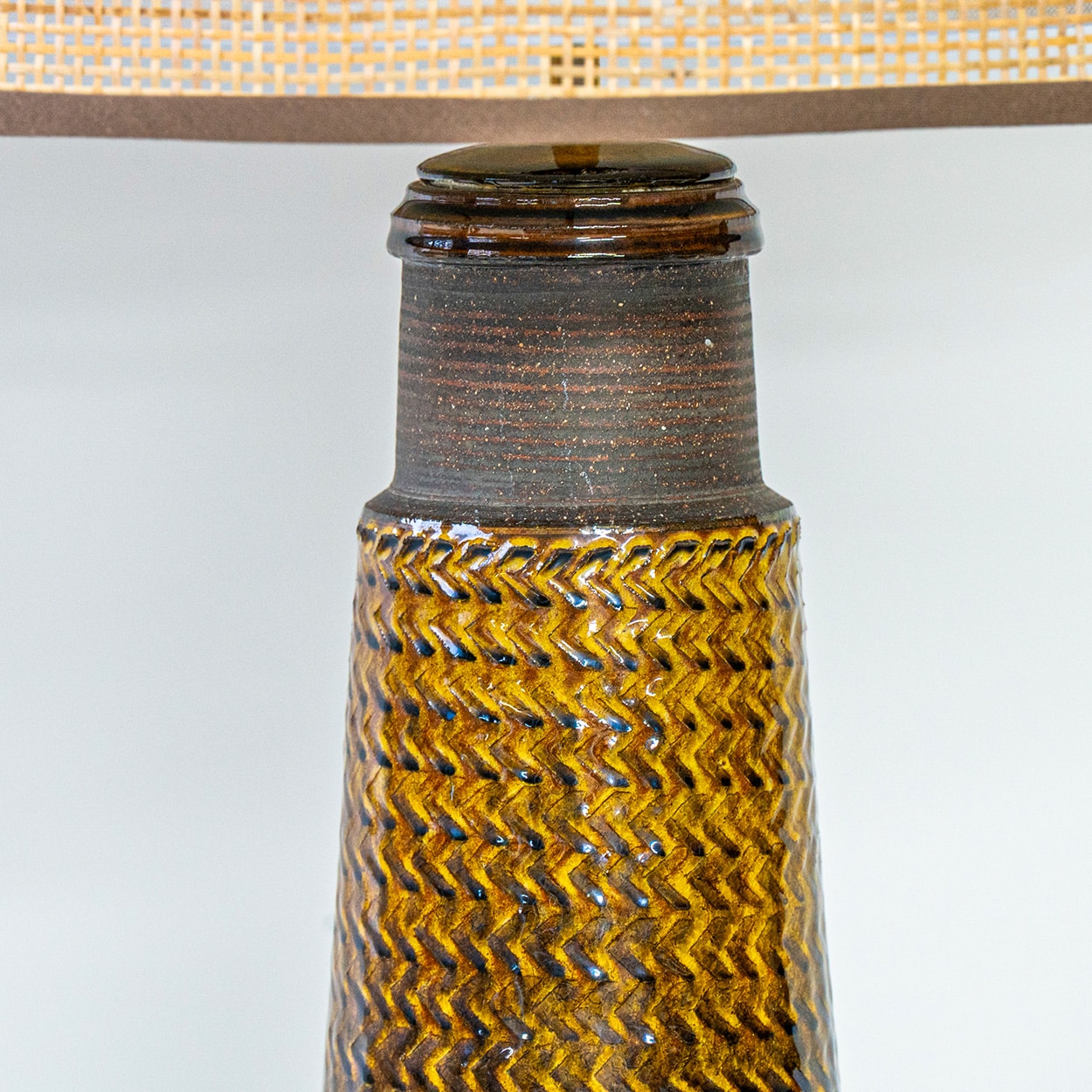 1 of the 2 Bitossi Ceramic Lamps, Rattan and Silk Lampshade by R. Houben