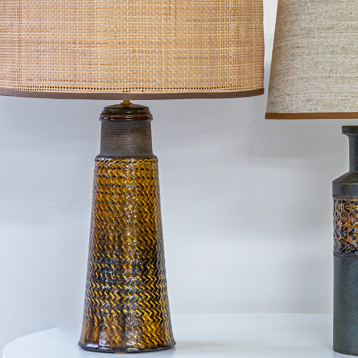 1 of the 2 Bitossi Ceramic Lamps, Rattan and Silk Lampshade by R. Houben