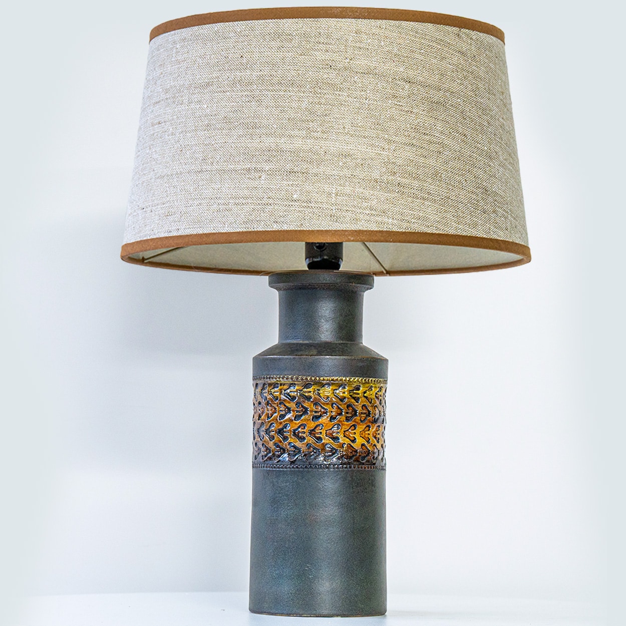 1 of the 2 Bitossi Ceramic Lamps, Rattan and Silk Lampshade by R. Houben