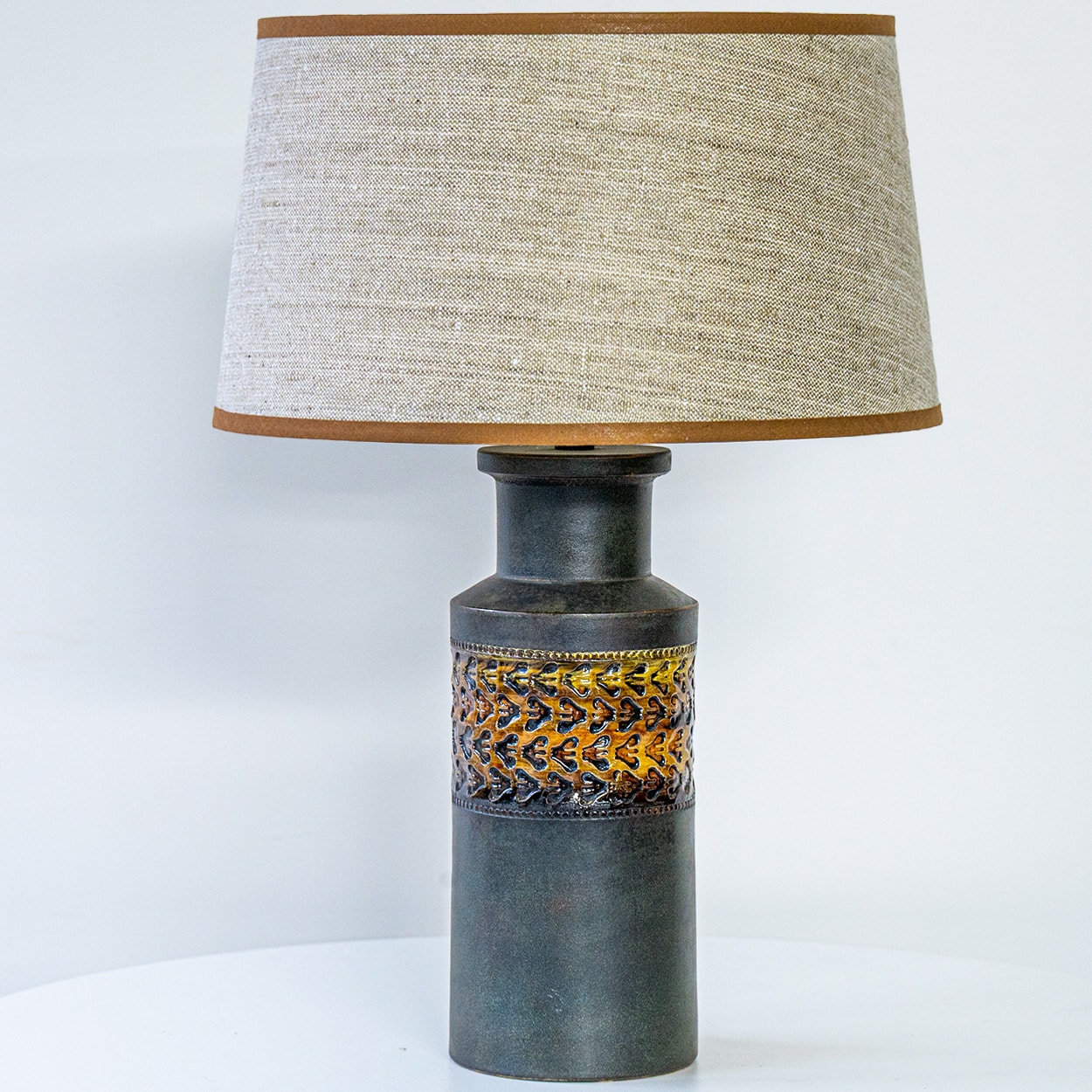 1 of the 2 Bitossi Ceramic Lamps, Rattan and Silk Lampshade by R. Houben