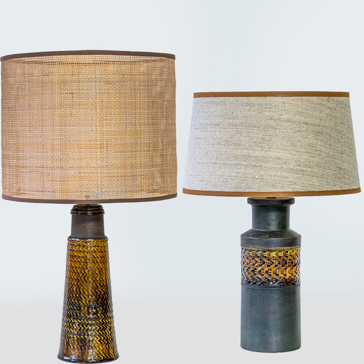 1 of the 2 Bitossi Ceramic Lamps, Rattan and Silk Lampshade by R. Houben
